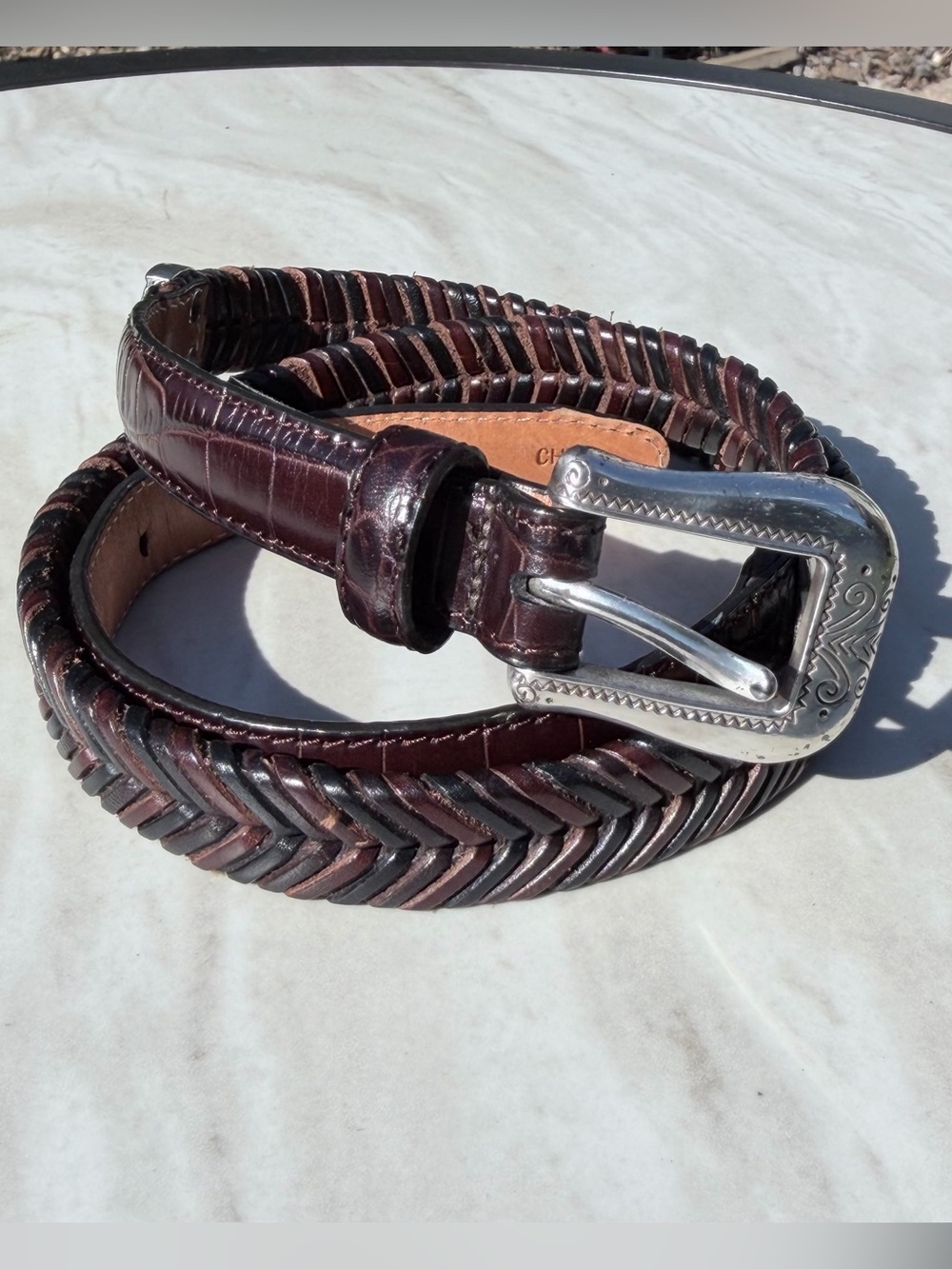 Brighton Brown Croc Embossed Braided Leather Belt Large 34 Silver Tone Buckle